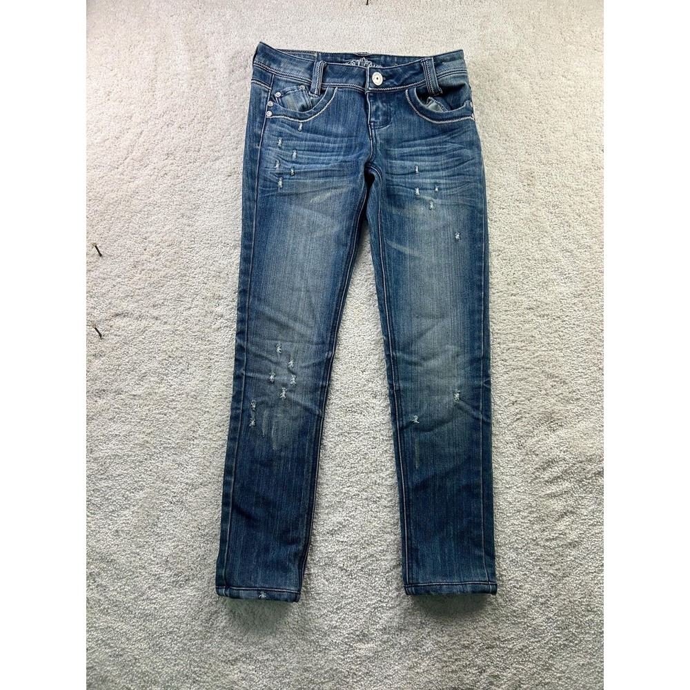 Almost‎ Famous Jeans Womens 1 Distressed Skinny Mid Rise Studded Pockets Denim